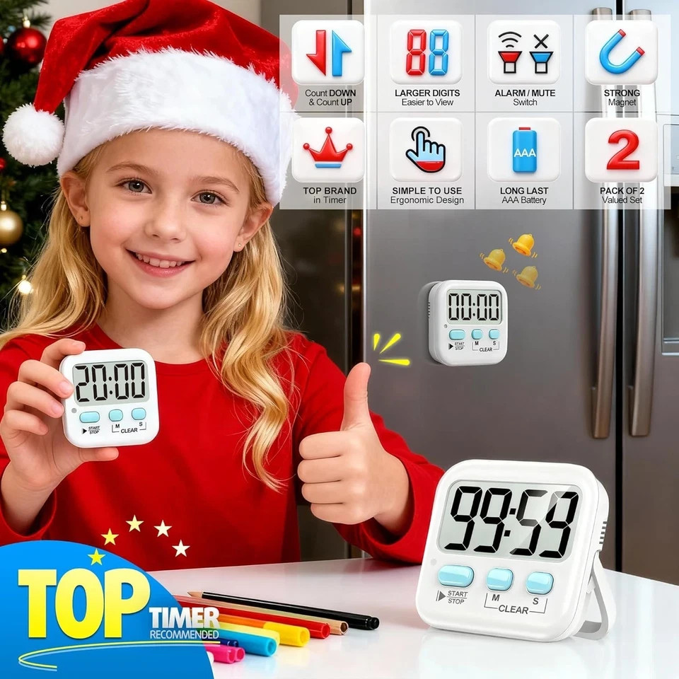 2 Pack Digital Kitchen Timer Magnetic Countdown Cooking Classroom Study, Oven
