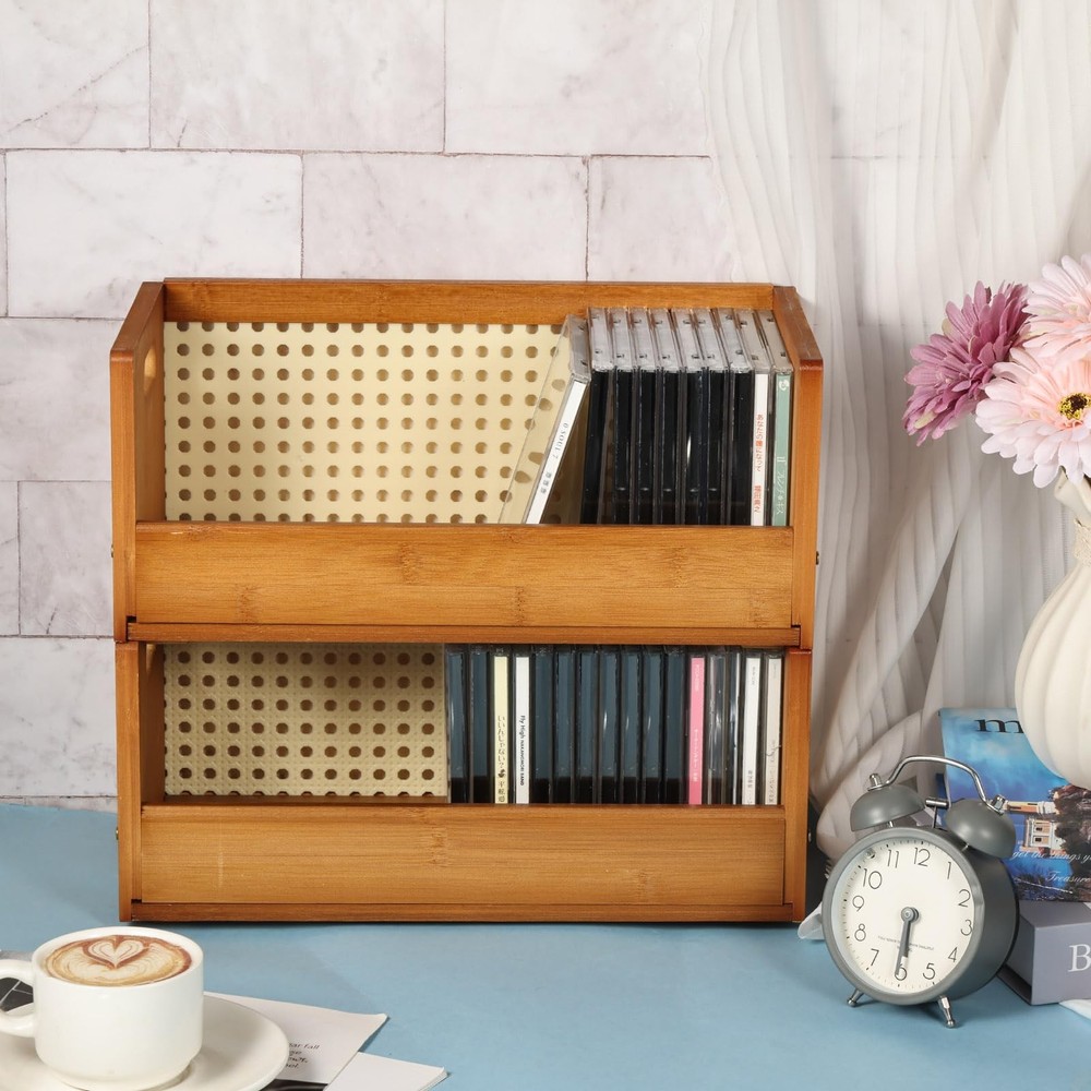 2 Set Bamboo CD Storage Box, Stackable CD Holder Racks Organizer Shelf for Mo...