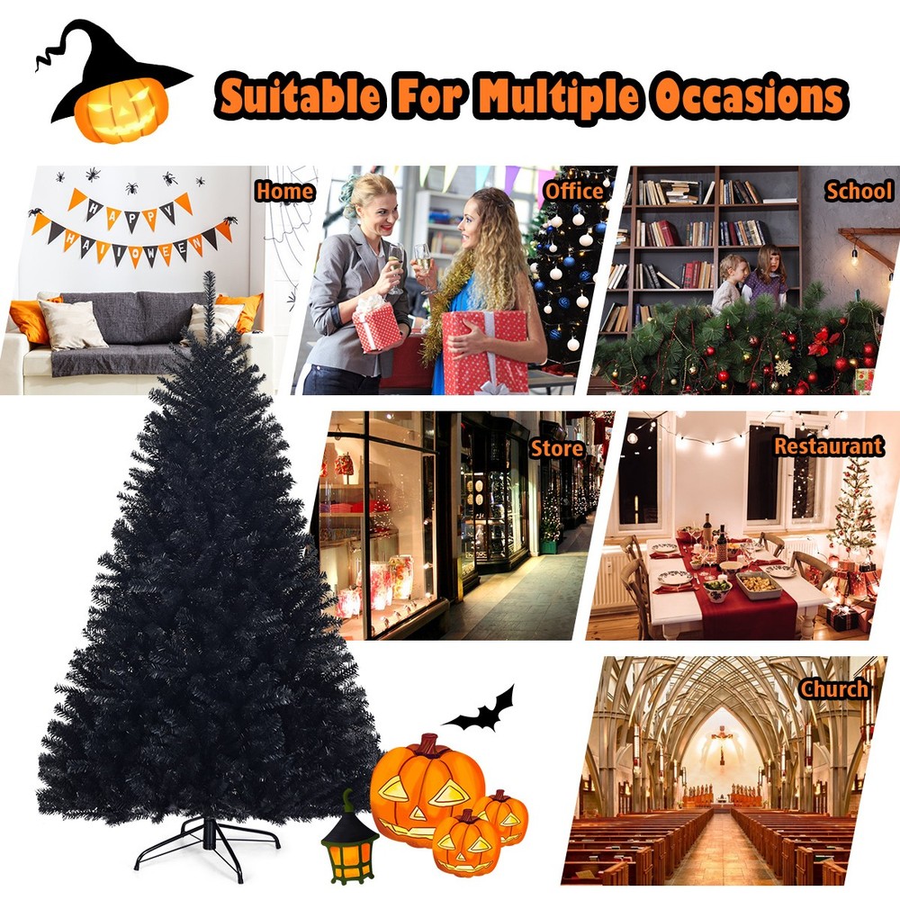 6Ft Hinged Artificial Halloween Christmas Tree Full Tree w/ Stand Black
