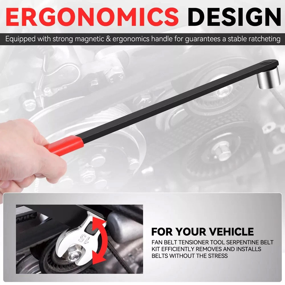 8PC Serpentine Belt Tension Tool 1/2" 3/8" Square Universal Belt Removal Wrech