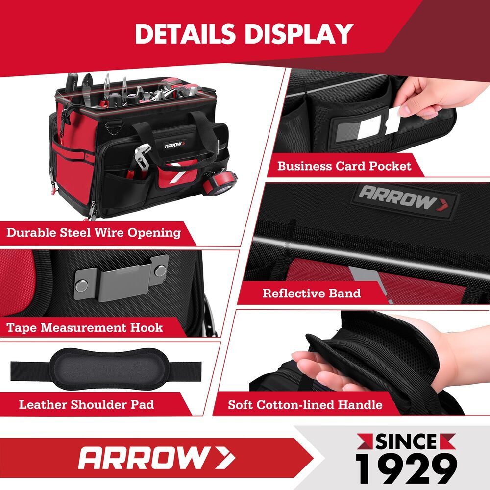 ARROW 17" Large Tool Bag for Men Heavy Duty with Waterproof Hard Base 36 Pockets