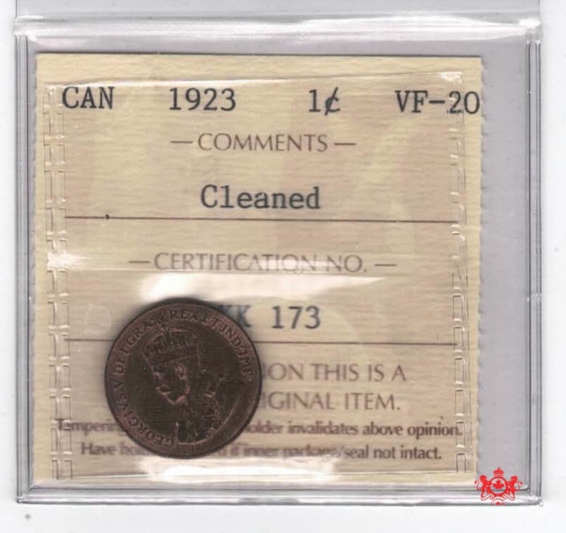 1923 Canada 1 Cent - ICCS VF20 - Cleaned XK 173
