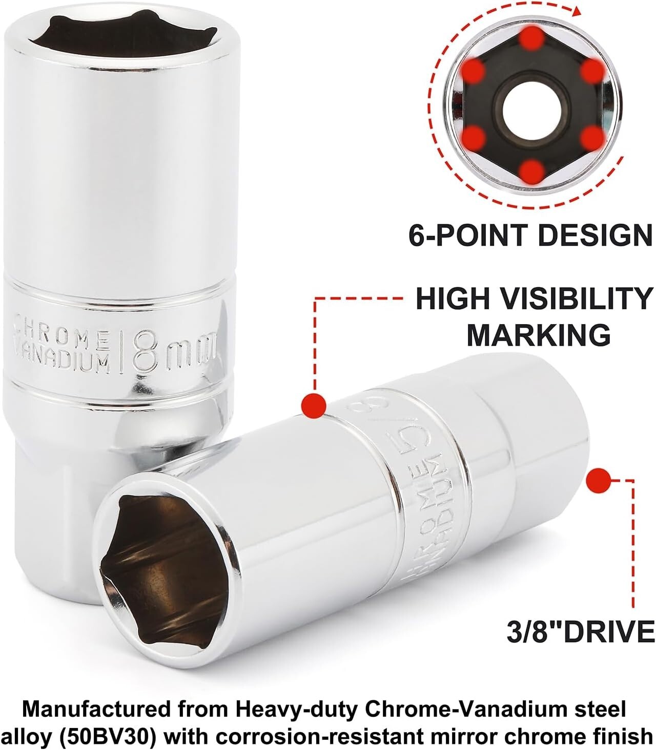 8PCS 3/8 Inch Drive Spark Plug Socket Set 6-Point Include Extension Bar CR-V