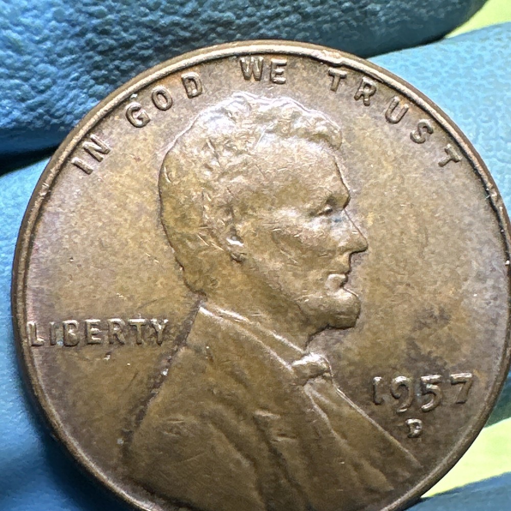 1957 D ERROR Wheat Penny / Die Chip Error Filled B