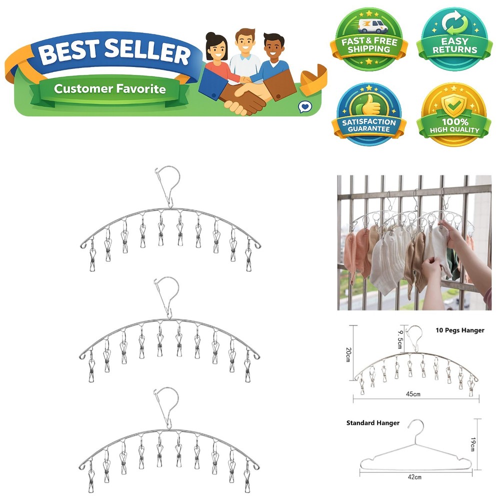 3-Pack Stainless Steel Drying Rack with 10 Clips - Space-Saving Laundry Solution
