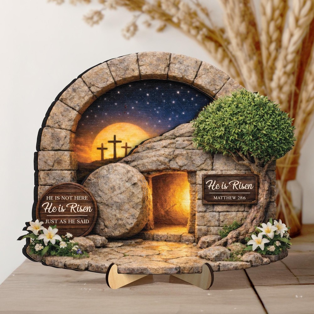 He Is Risen Easter Wooden Frame, Empty Tomb Christian Decor Gift Sign