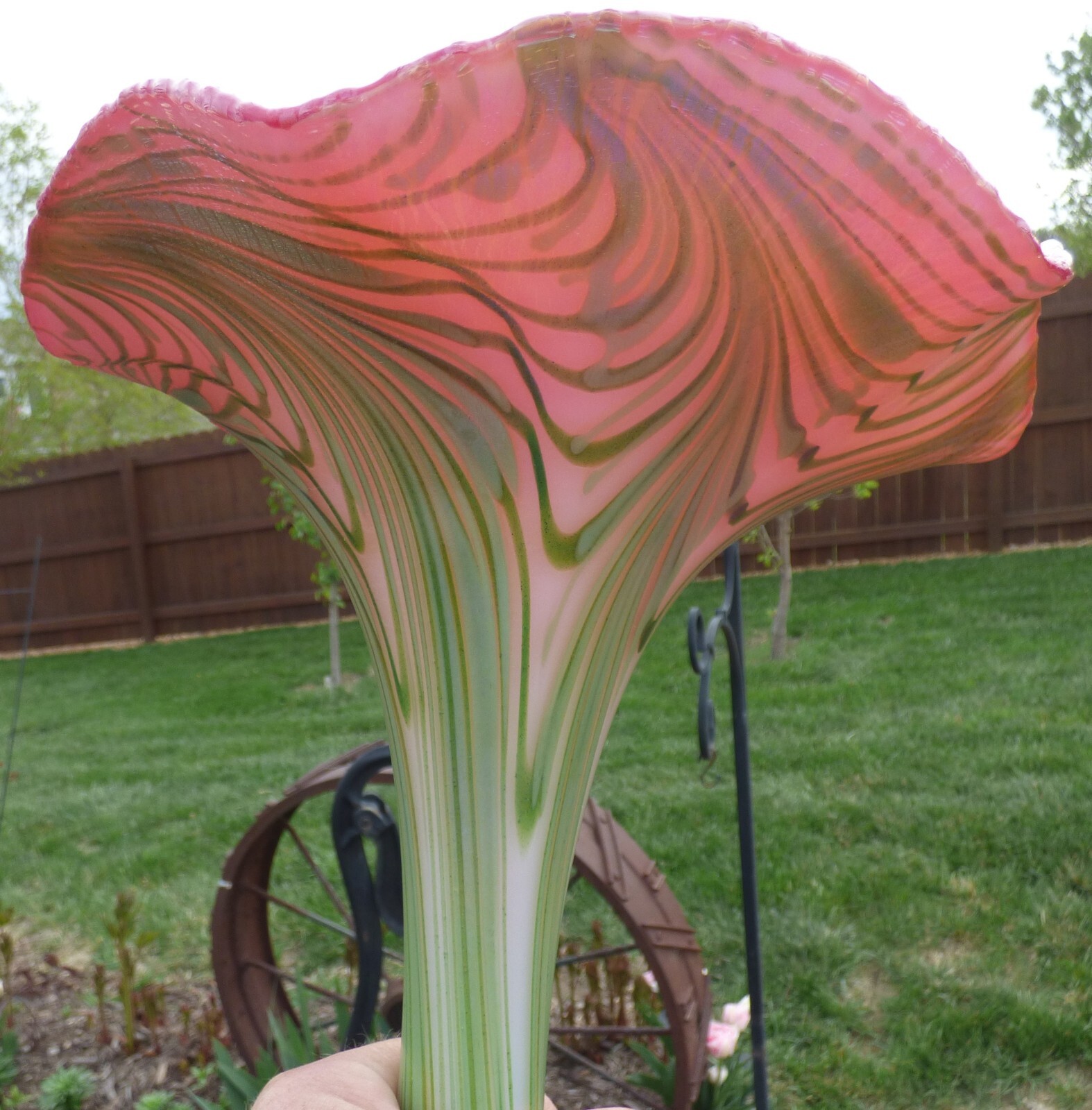 Charles Lotton Aventurine Art Glass Vase 2009 White/Green Pulled Feather 12 1/4"