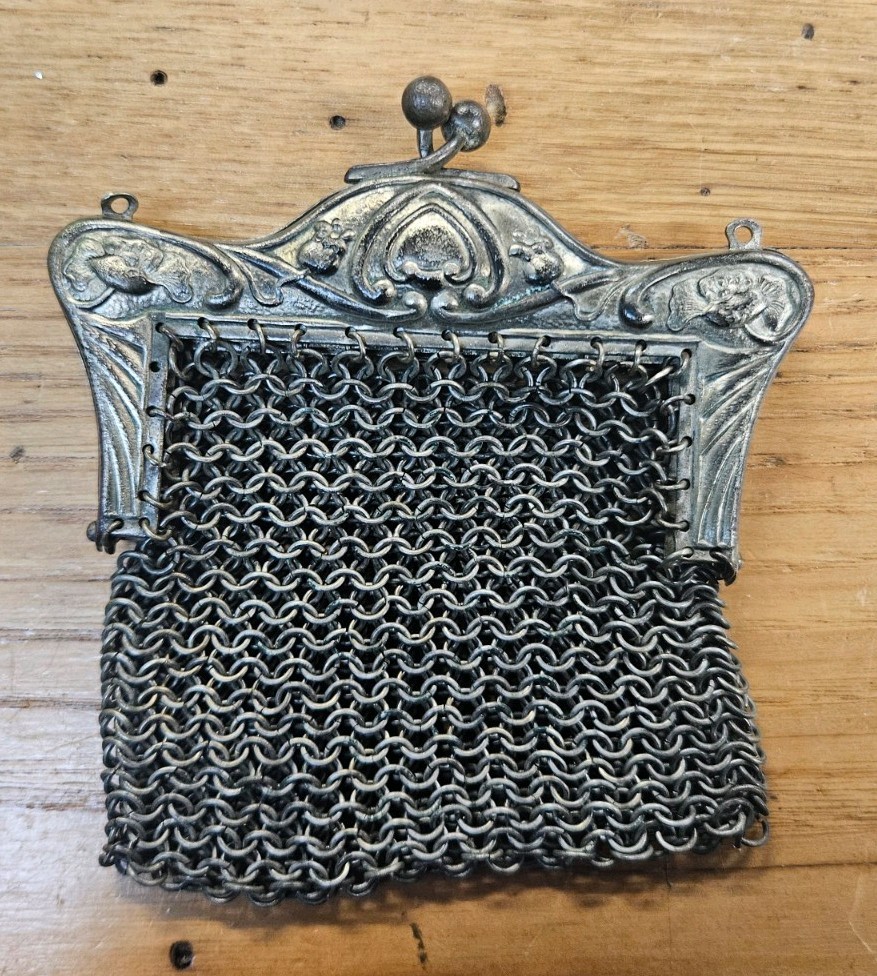 Vintage Ornate German Silver Numbered & Engraved Metal Mesh Purse Missing Chain