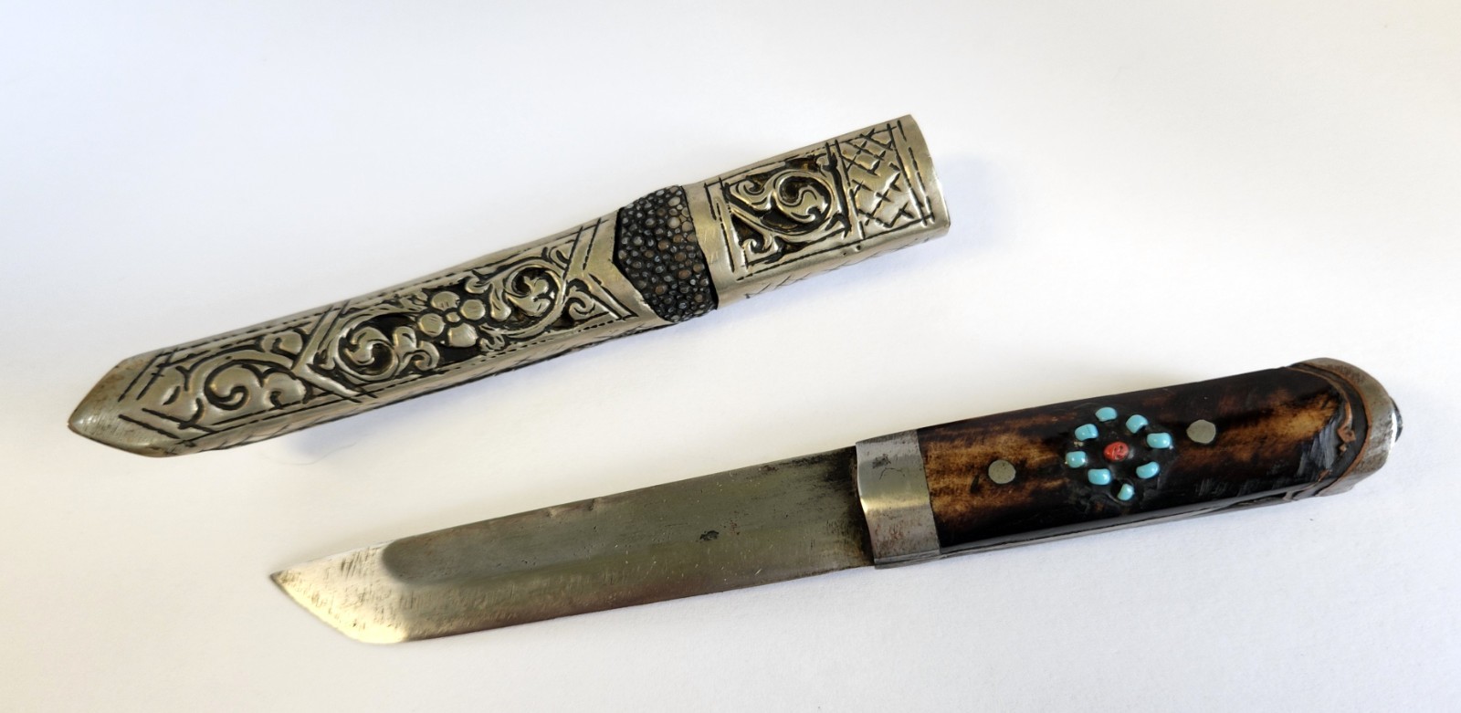 Antique Tibetan Himalayan Turquoise Knife & Sheath Tribal Nomad 6.5" Sheathed