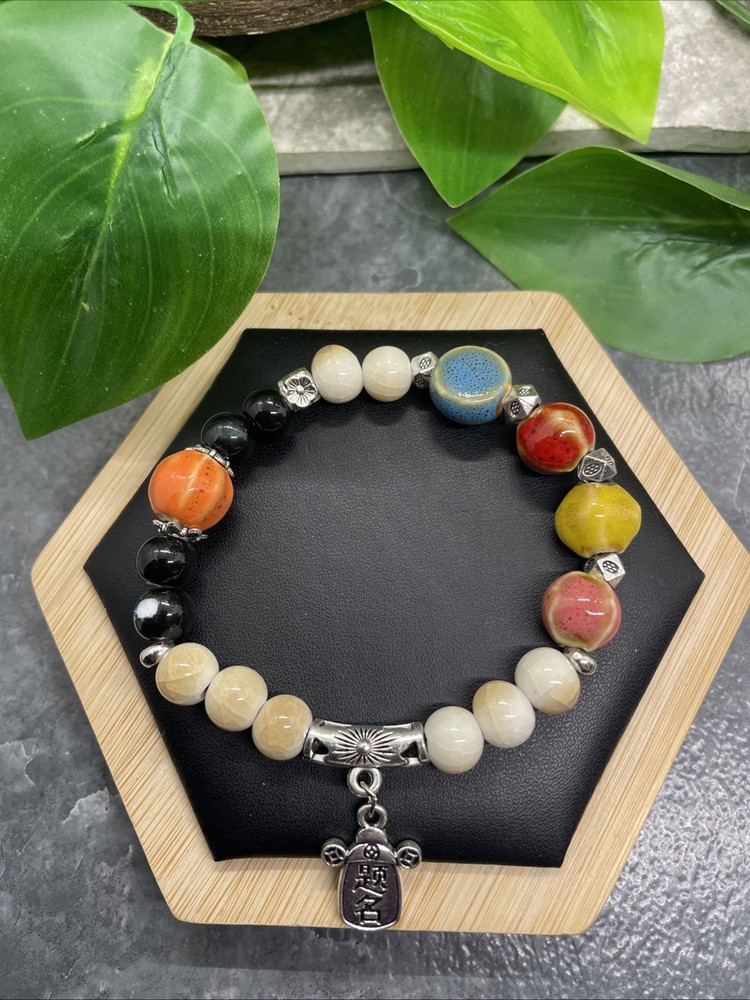 Handmade Ceramic Bead Beaded Stackable 6.5” Plus Stretch Bracelet New B317