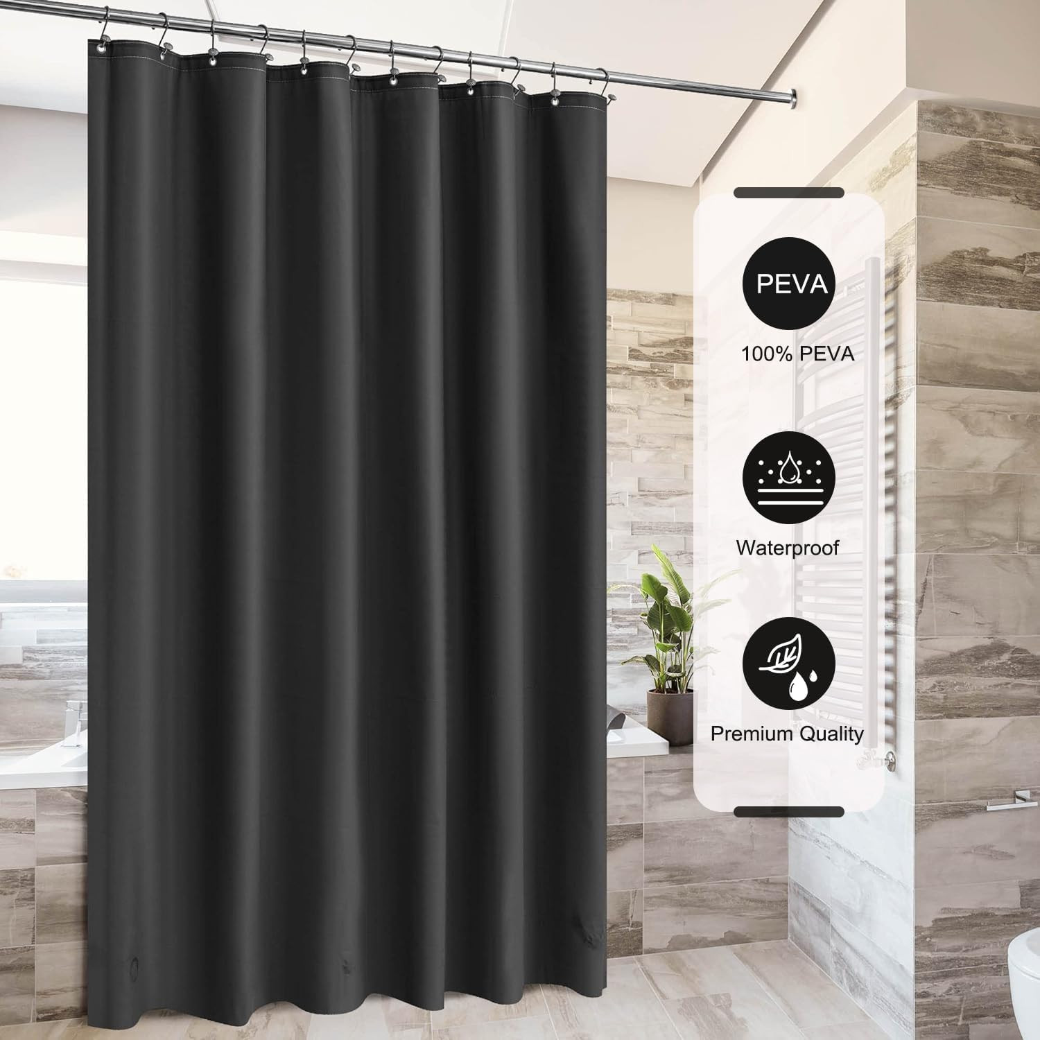 Black Shower Curtain Liner, 4G PEVA Shower Liner, Plastic Waterproof Shower Curt
