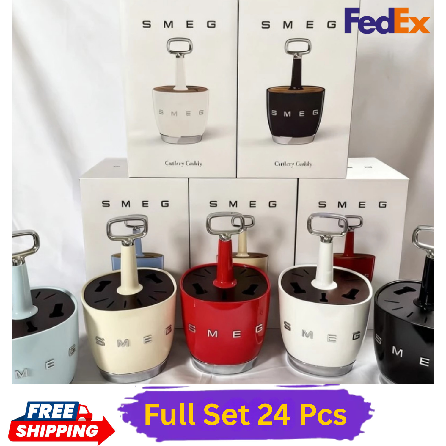 SMEG Cutlery Caddy with Full Set 24 Pcs Stainless Steel Cutlery Fast SHIP