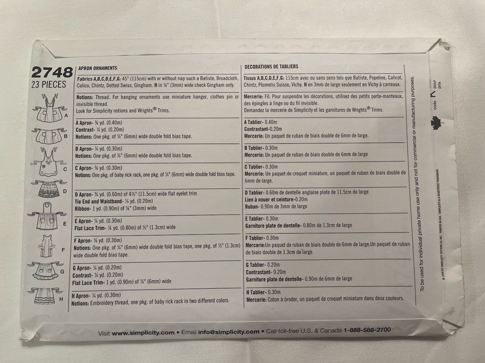 Simplicity - 2748 - Apron Ornaments - Uncut/FF