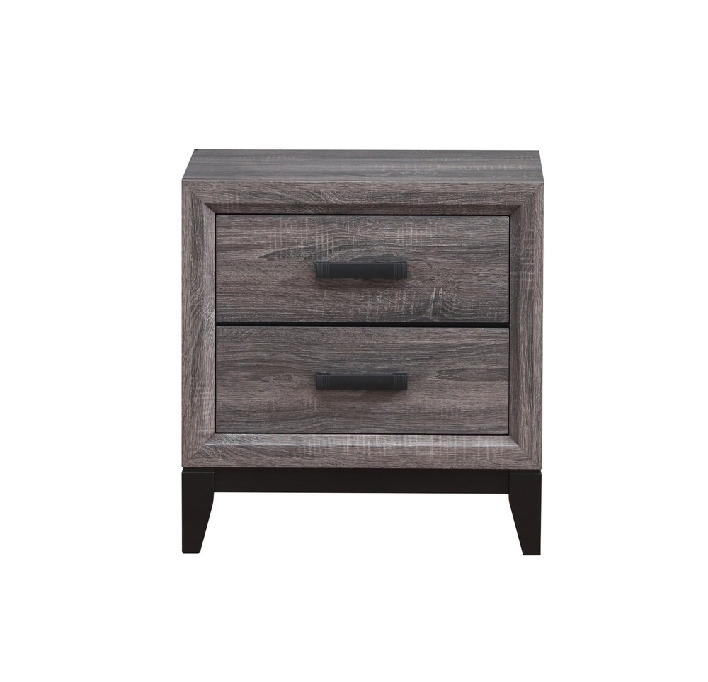 Grey Transitional Nightstand, 2 Drawers, Black Hardware, Solid Wood + MDF