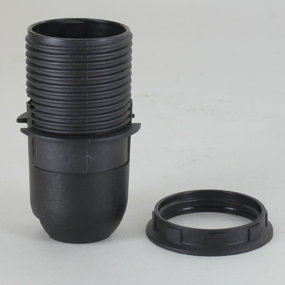E-12 BLACK PLASTIC THREADED SKIRT LAMP SOCKET WITH SHADE RING SOE12G