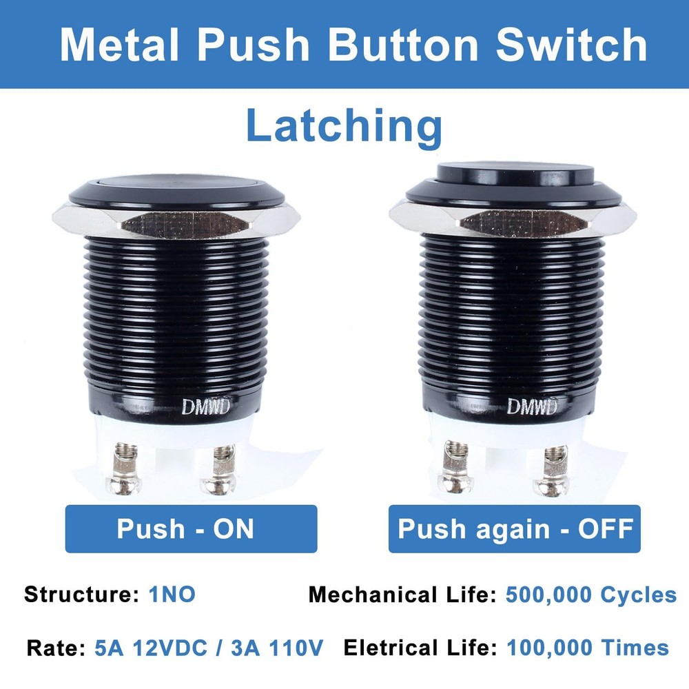 2-Pack 16mm Latching Metal Waterproof Push Button Switch ON-Off 5/8" Mounting...