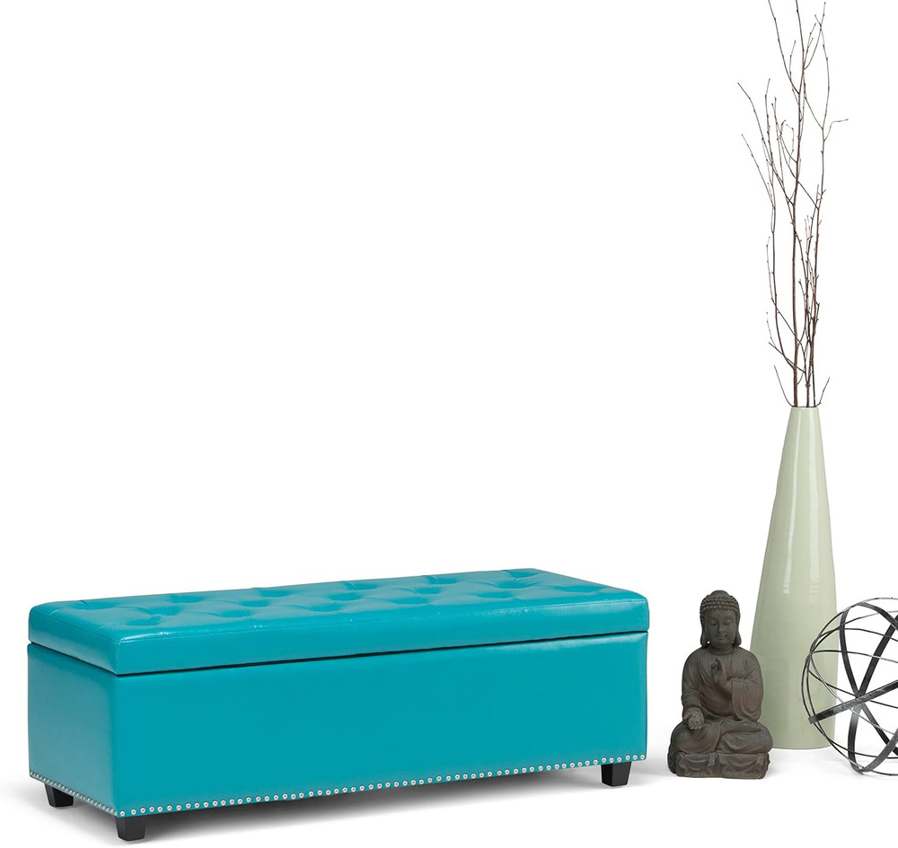 Hamilton 48" Transitional Rectangle Ottoman in Mediterranean Blue Faux Leather