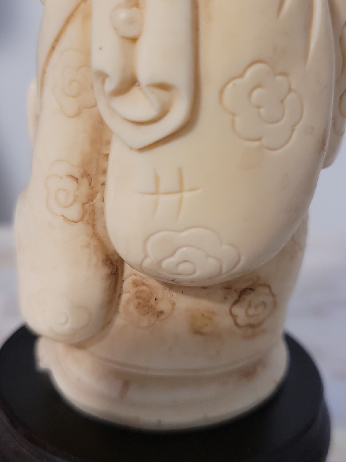 Vintage Japanese Carved Happy Buddha Figurine on Wood Stand 3-3/4" tall