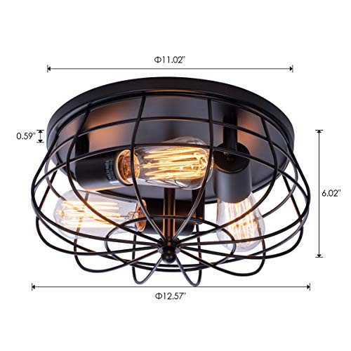 Industrial 3-Light Rustic Semi Flush Mount Ceiling Light, with Metal Cage for