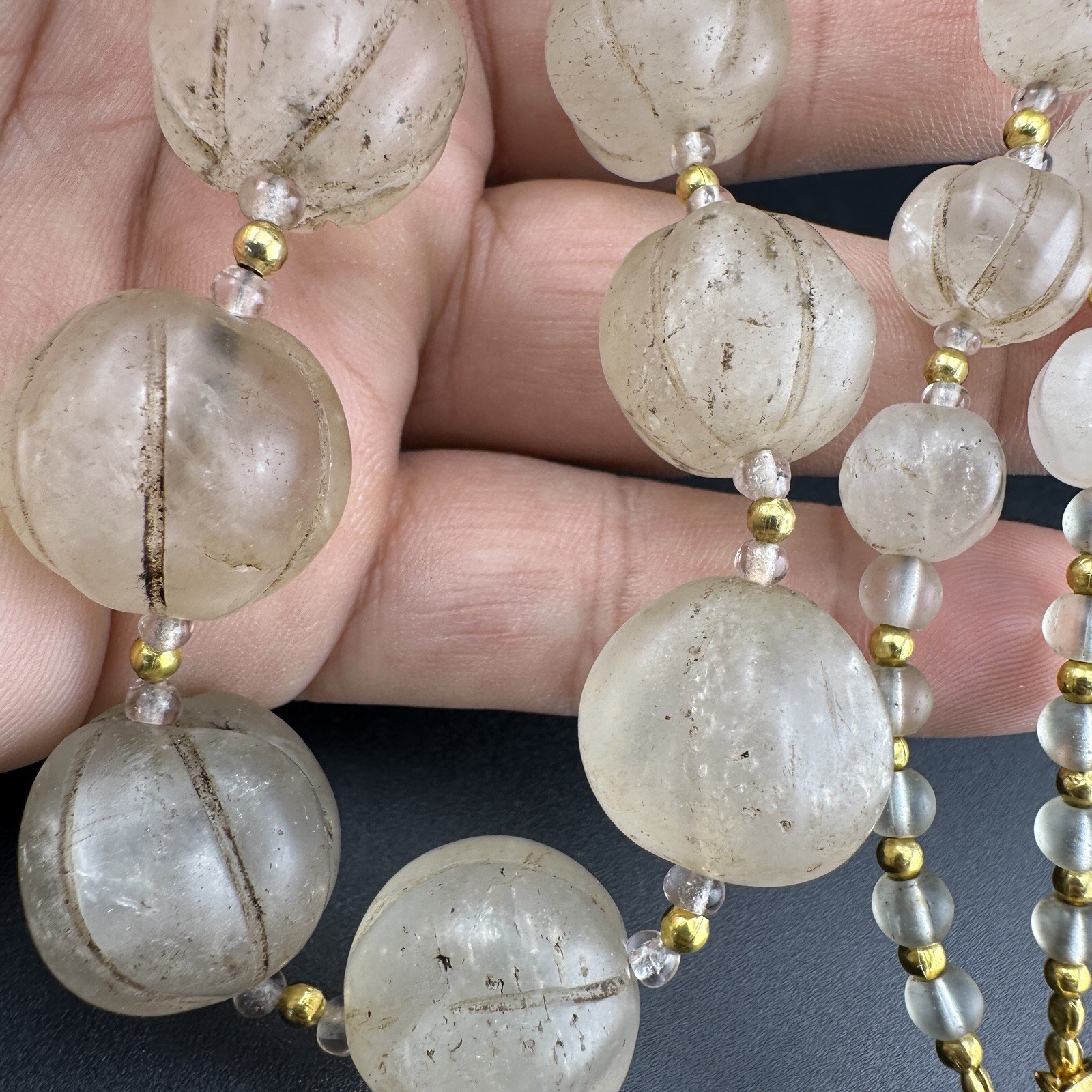 Old Himalayan Regions Crystals ￼ Beads Carving Gold Plated Beads Necklace Rare