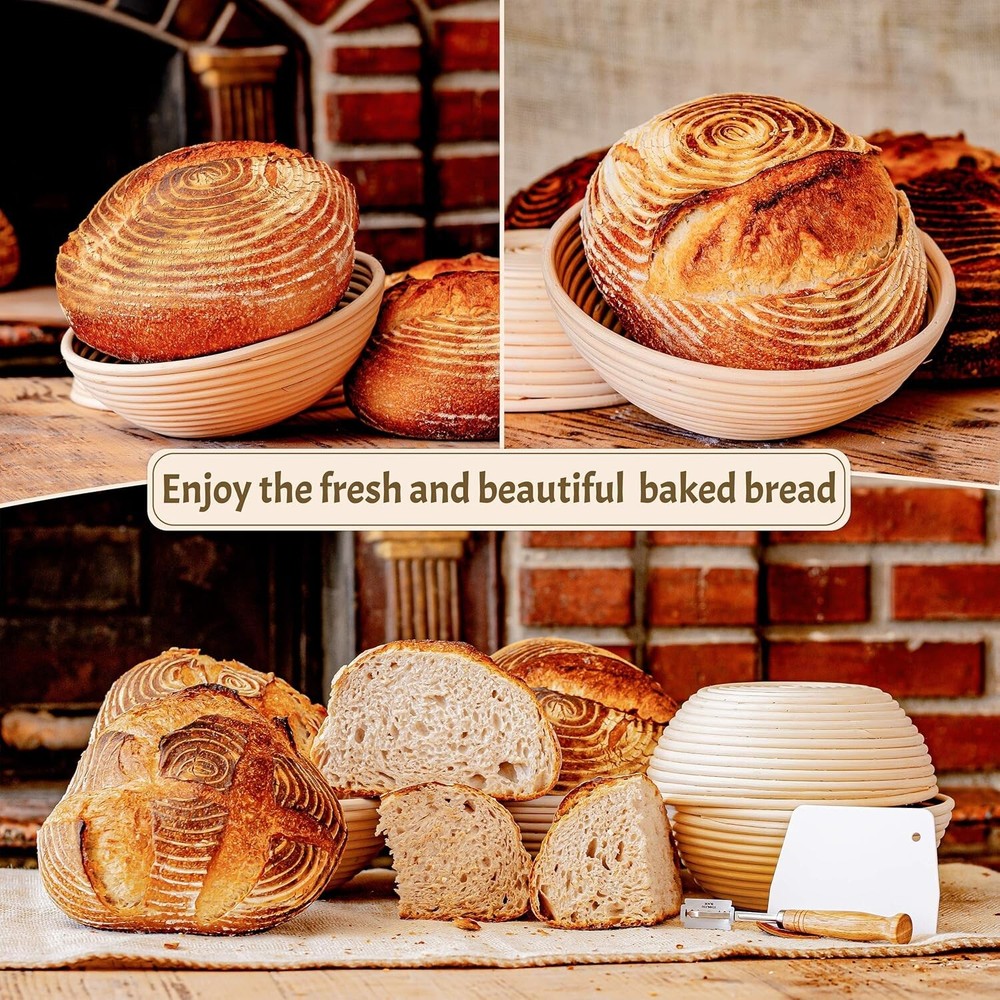 Professional Artisan Bread Kit: 2 Round Bannetons, Scoring Lame, Dough Scraper