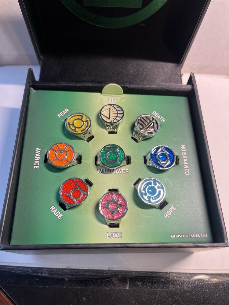 New! Green Lantern All Lanterns Corps Adjustable 9 Ring Set DC Comics + Gift Box