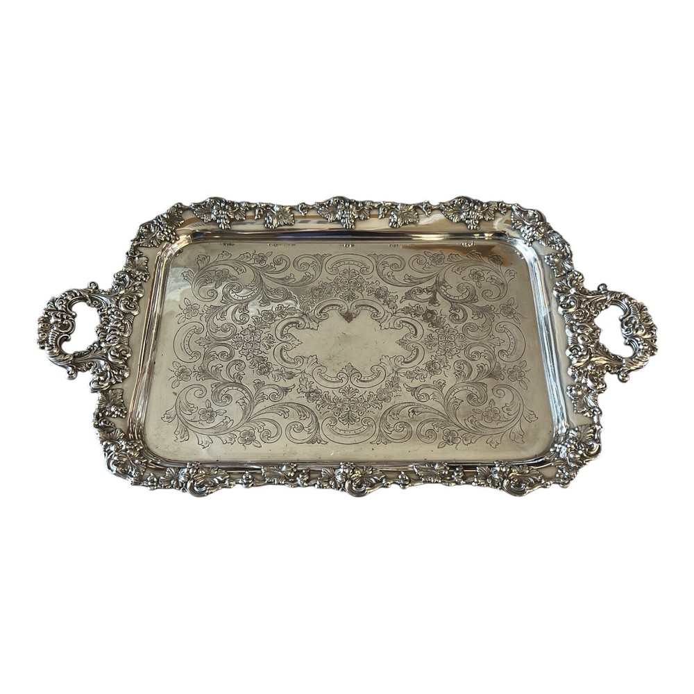Large Silver Plate Waiters Serving Tray Rectangular Grape Motif 17x28.5