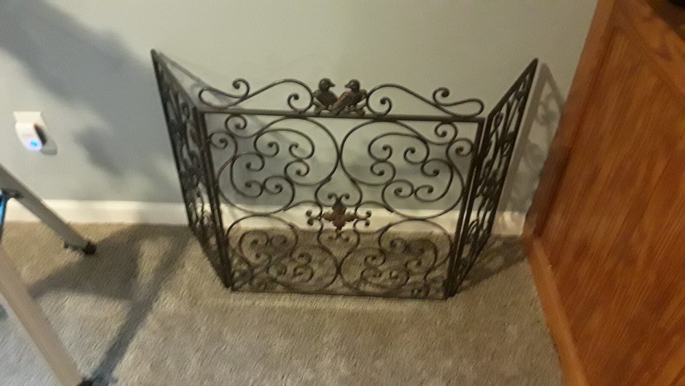 Wrought Iron Fireplace Screen, 3 Panel, Bird Accent