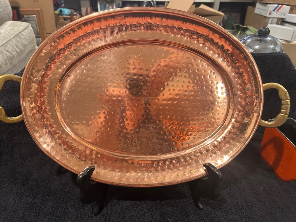 hammered copper oval serving tray with brass colored handles