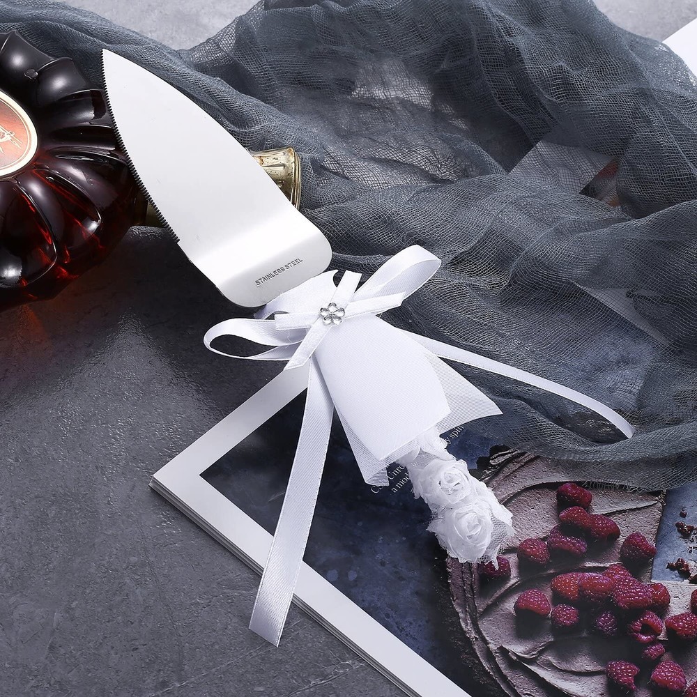 Rustic Wedding Cake Knife Serving Set Bride Groom Artificial Green Leaf 2 PCS