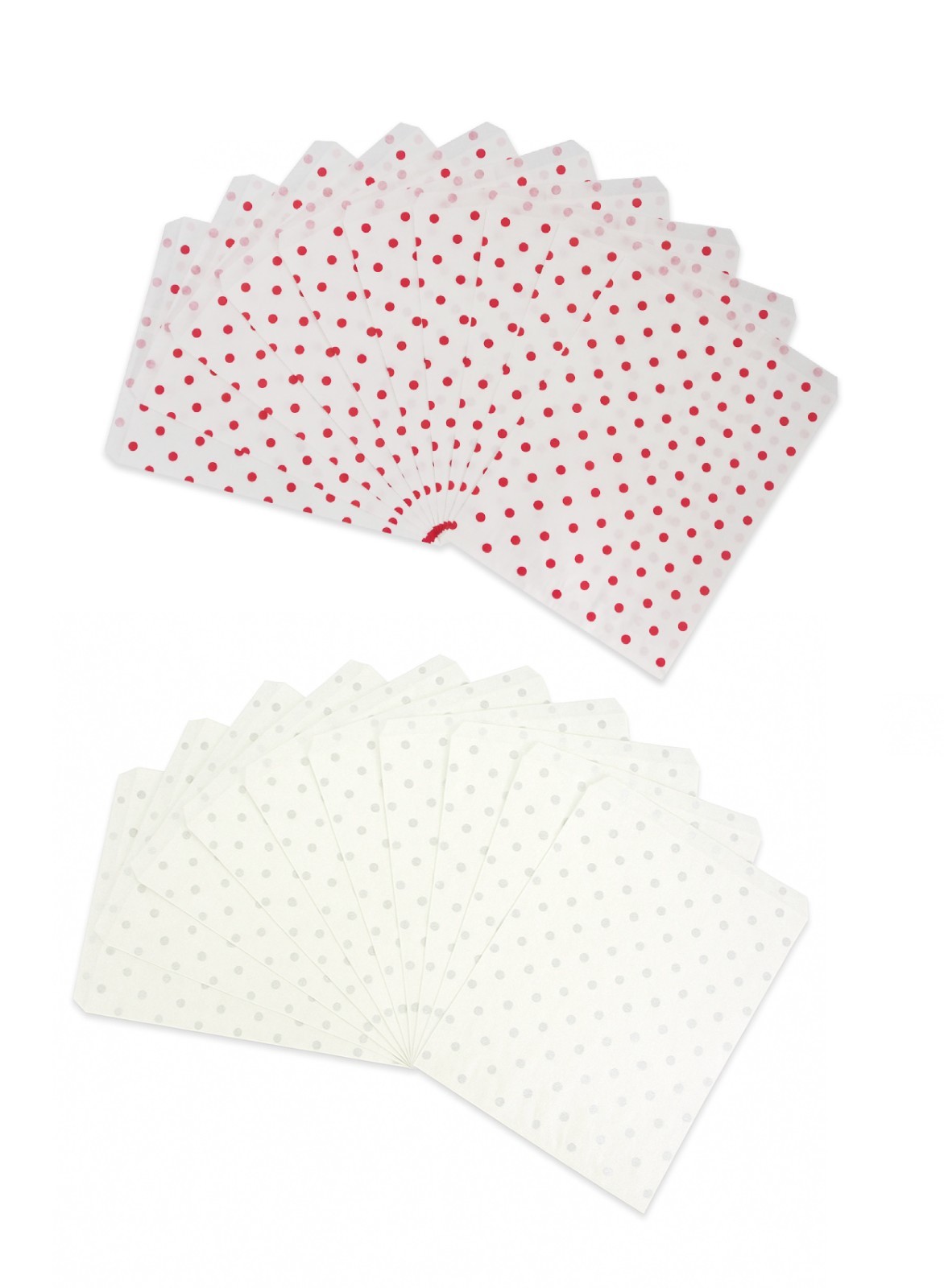 200 Bag of our Kraft Flat Paper White Gift Bags with Red or Silver Polka Dots