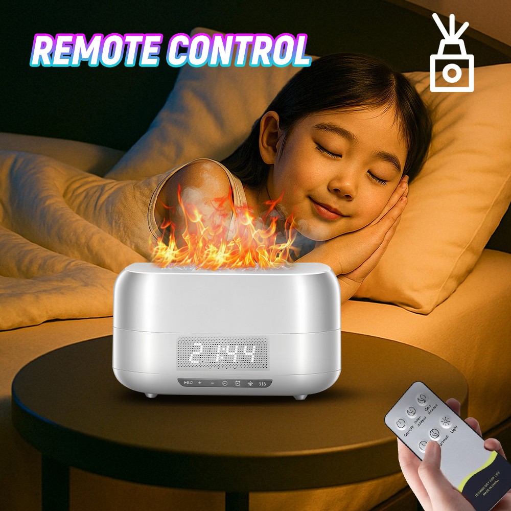 Flame Aroma Diffuser Humidifier Bluetooth Speaker Light Digital Display Clock