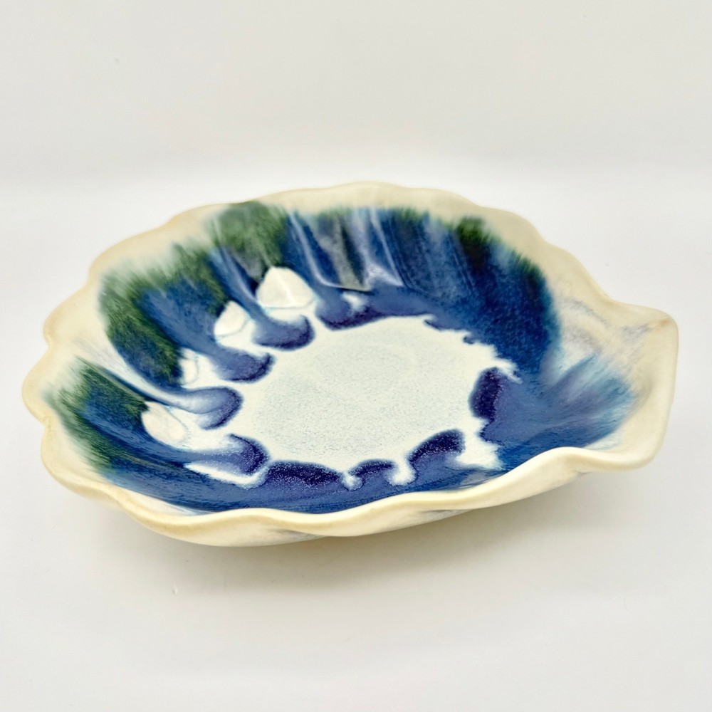 Studio Pottery Shell Dish – Signed SRP, Blue Green Drip Glaze, Handmade Ceramic