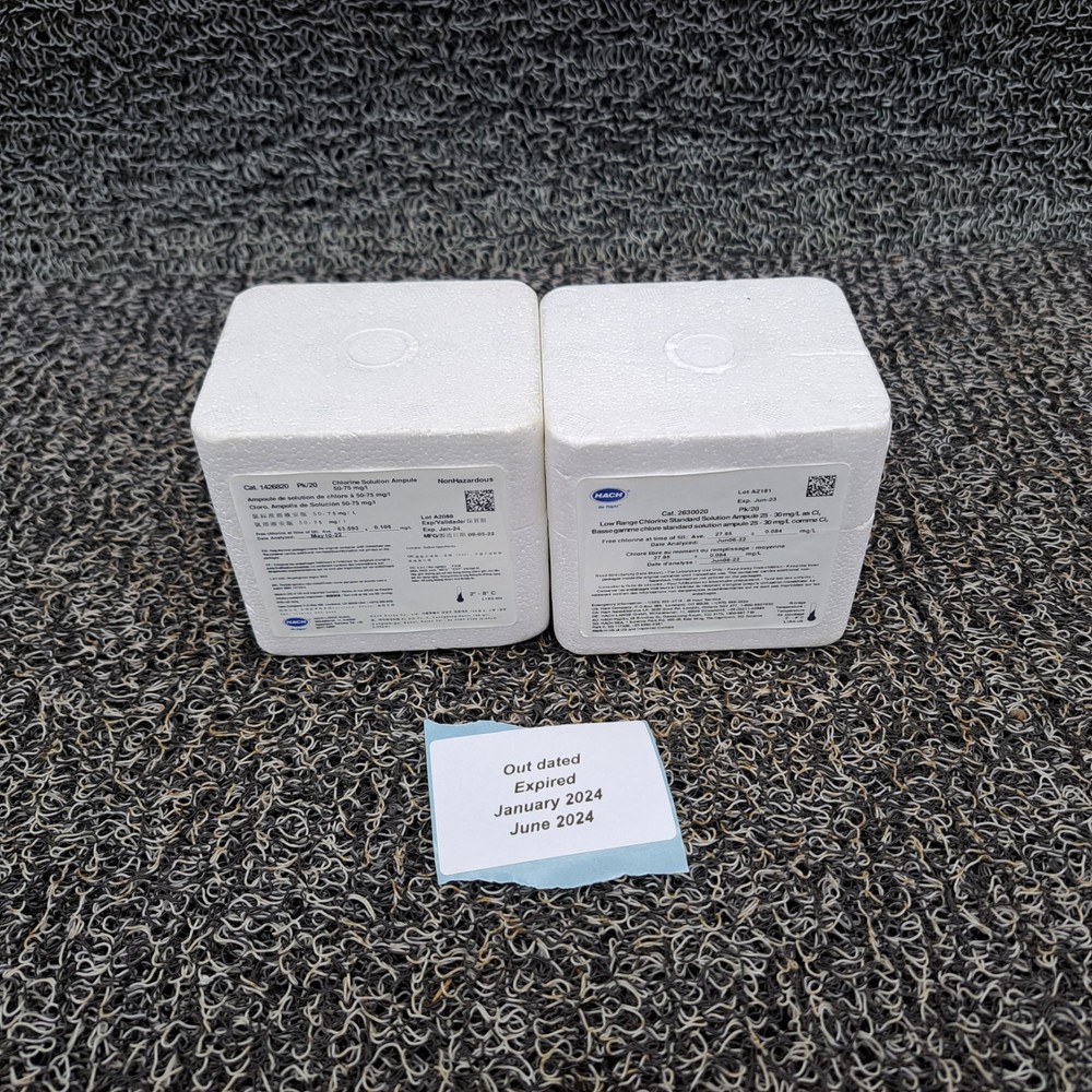 Hach® 2630020 Chlorine Std. Solution, 25-30mg/L as Cl₂, 2mL  Ampules. Outdated