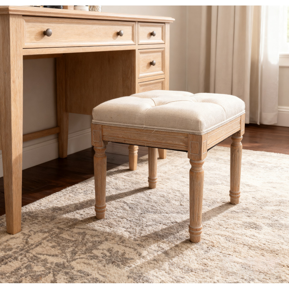 Beige Small Padded Bench Solid Wood Rattan Upholstered Vanity Stool