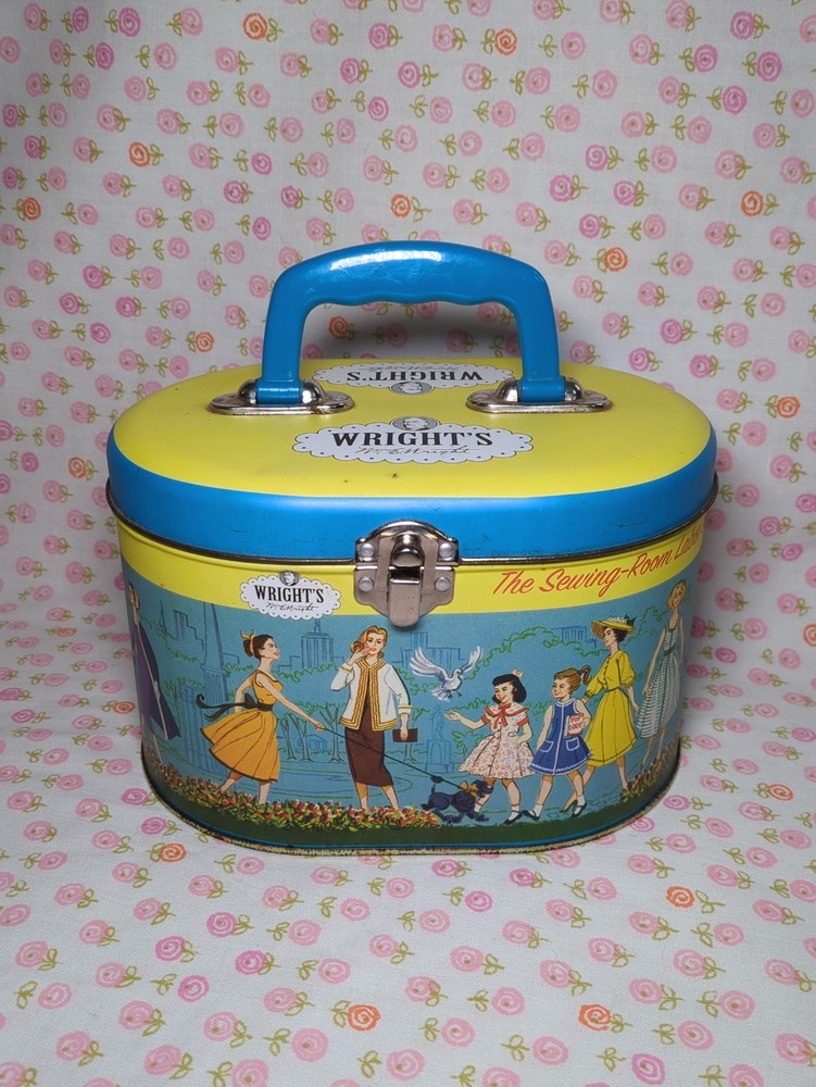 Retro Wright's Oval Sewing Box, Small Latching Suitcase Tin, Labor Saver