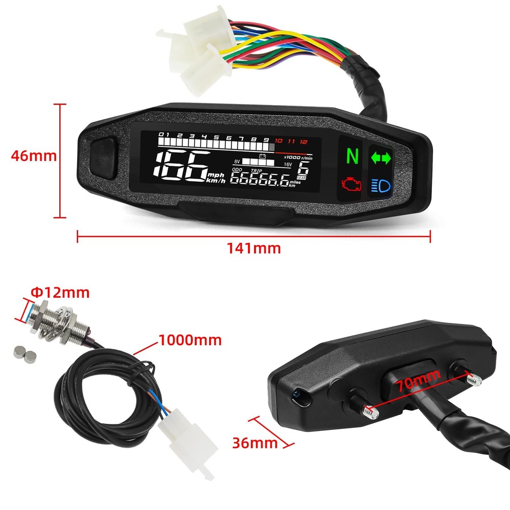 Motorcycle Digital Speedometer, Tachometer with LCD Display, Indicator, Rear...