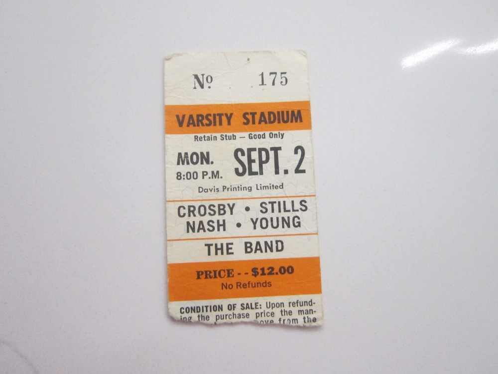 1974 CROSBY STILLS NASH YOUNG BAND Varsity Stadium Toronto Concert Ticket Stub