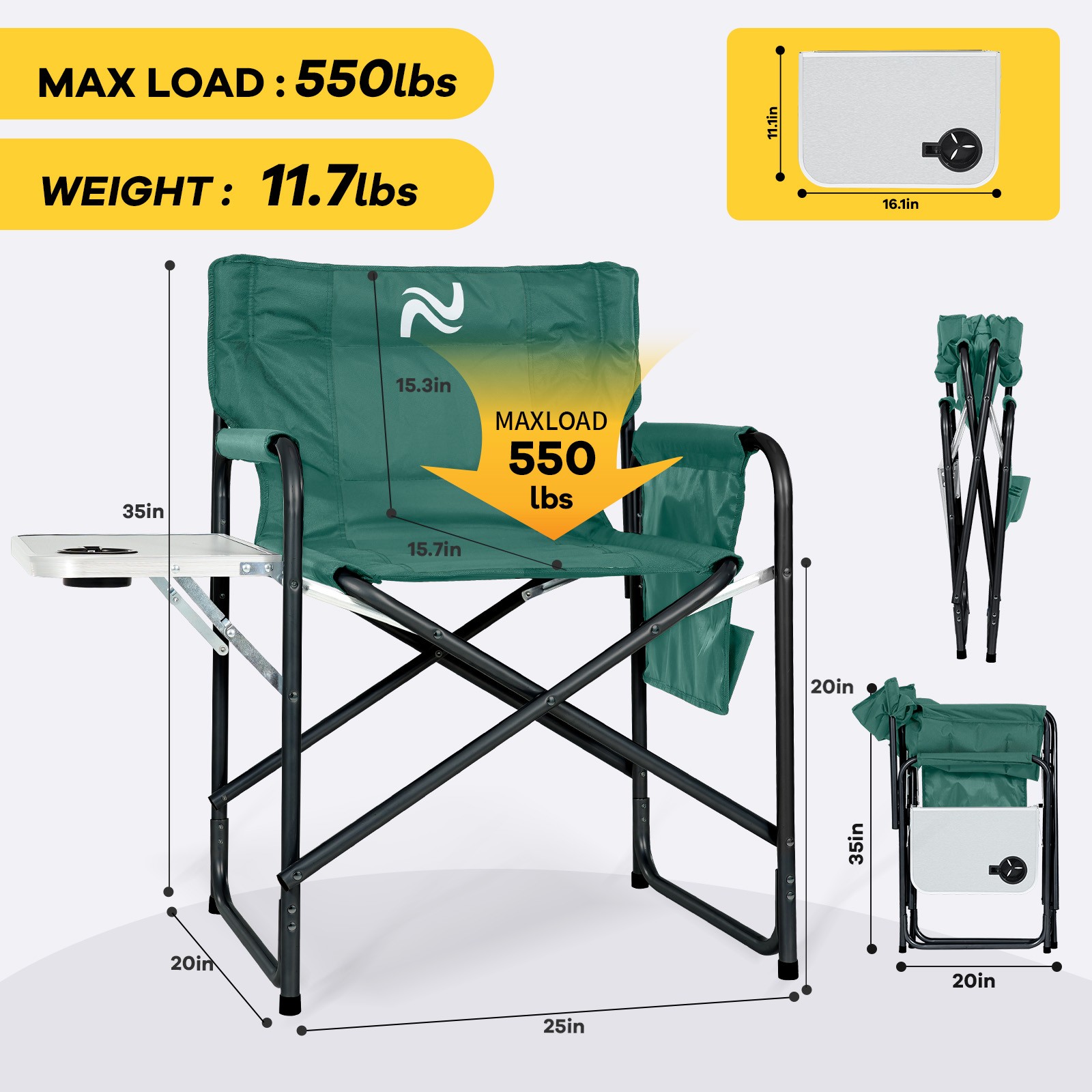 Oversize Folding Camping Chair Outdoor Heavy Duty Director Chair with Side Table
