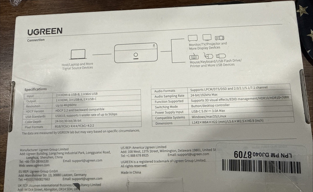 UGREEN HDIM KVM SWITCH 2-1 OUT Open Bx Amazon Return