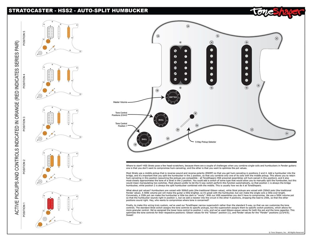 ToneShaper Wiring Kit, Stratocaster, Auto-Split (HSS2)