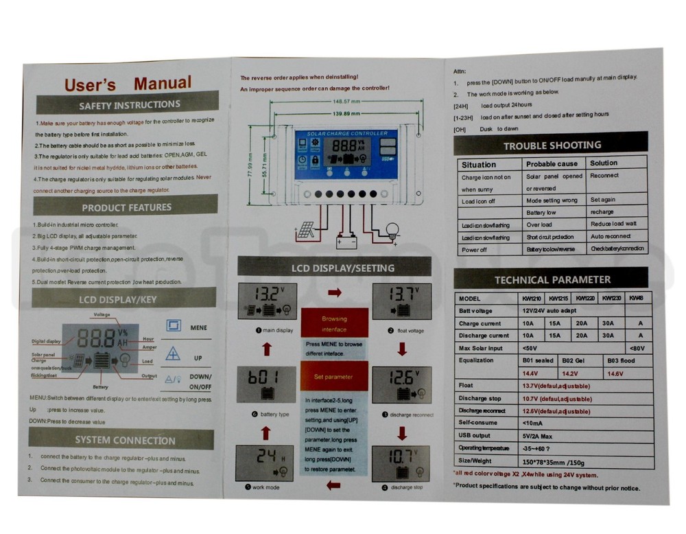 LCD Display USB Solar Panel Battery Regulator Charge Controller 10/20/30A 12/24V