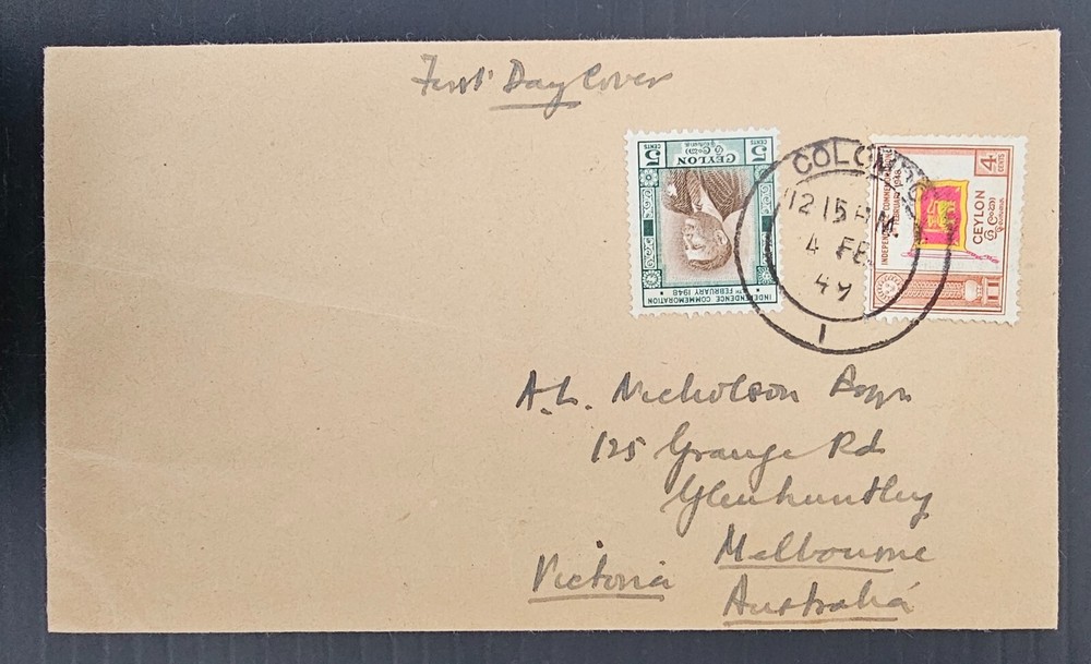 1949 Ceylon Independence FDC ties 2 stamps cd Colombo-Melbourne
