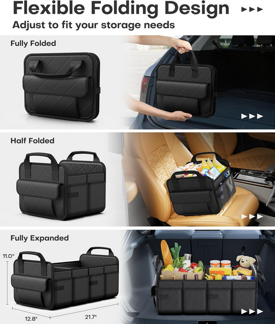 Car Trunk Organizer Foldable SUV Storage Bin 2 Compartments Black