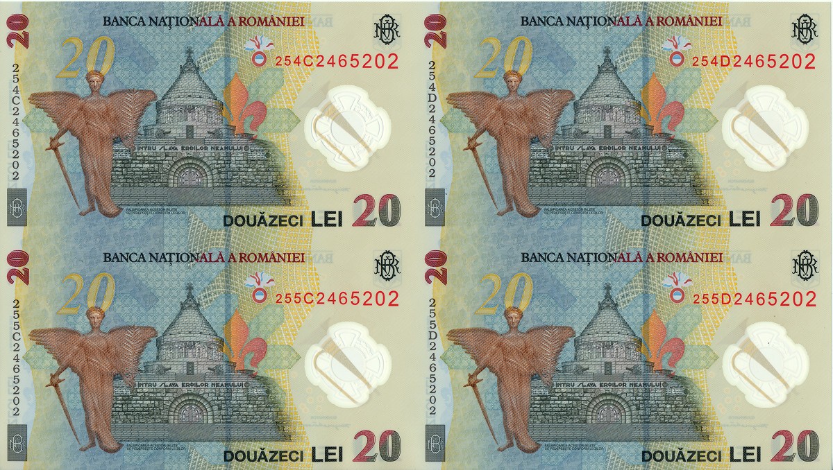 BNR - Special Sheet consisting of Four Banknotes with face value of 20 LEI