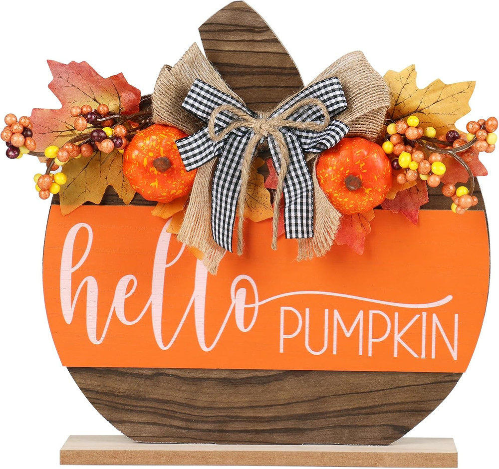 Fall Decor, Wooden Autumn Hello Pumpkin Sign Table Top Decorations