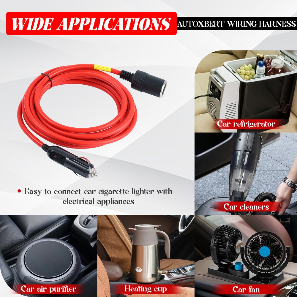 12ft.Heavy Duty Cigarette Lighter Socket Extension Cable Cord Plug Outlet 12-24V