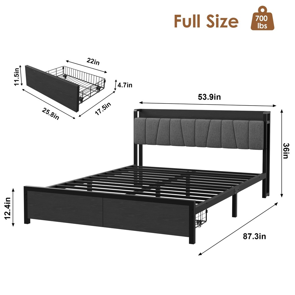 Full/King Bed Frame with Storage Headboard Platform Bed with 2 Large Drawers