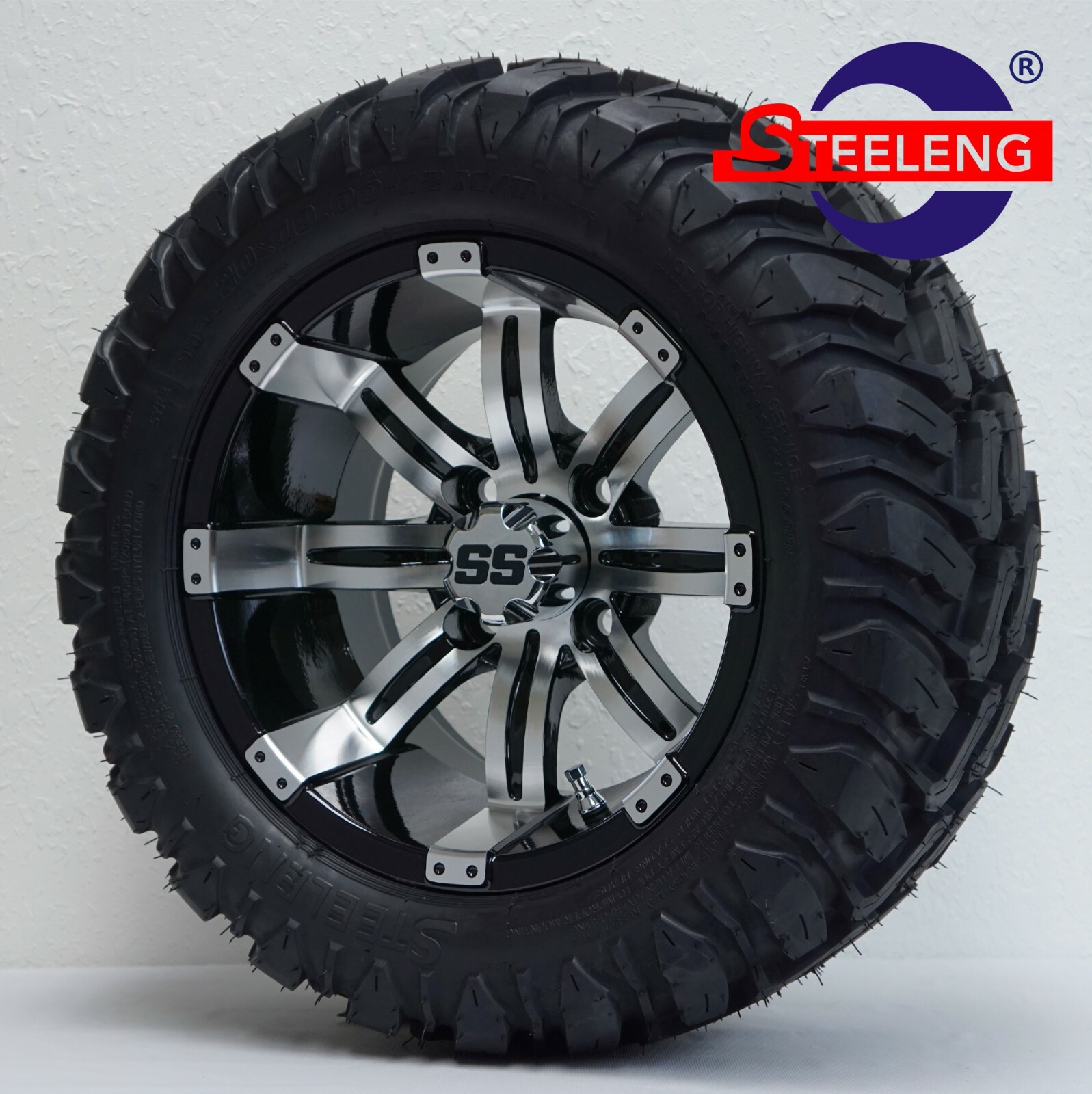 GOLF CART 12" MACHINED TEMPEST WHEELS/RIMS and 20" ALL TERRAIN (M/T) TIRES(DOT)