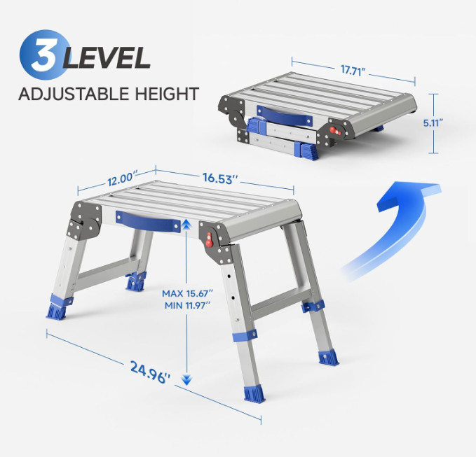 Folding Aluminum Step Stool, Adjustable Height Work Platform, 440 lb Capacity